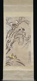 JINCHENG MANDARIN DUCK COLD BIRD PAINTING, HANGING SCROLL, FINE MOUNTING