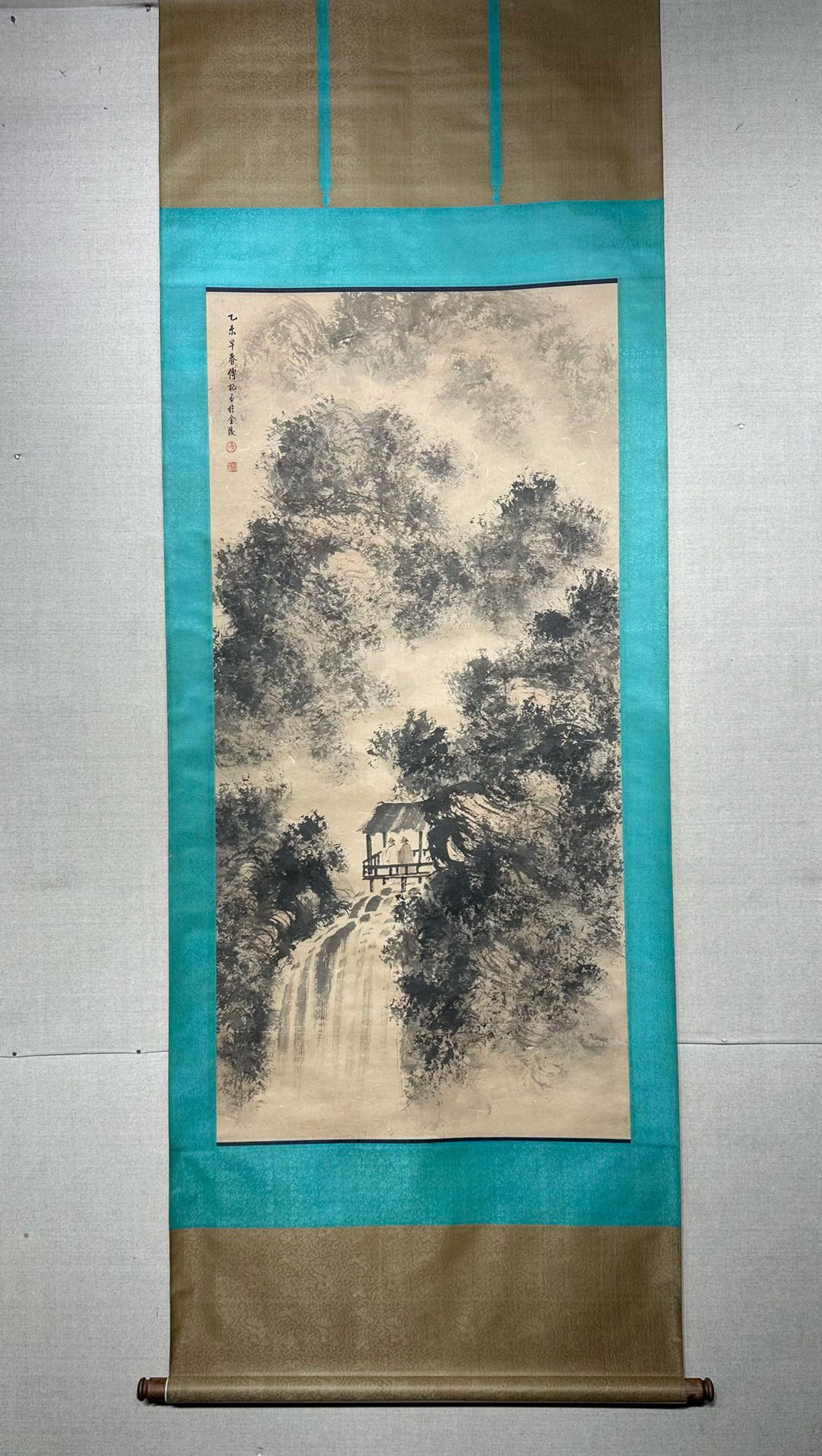 FU BAOSHI, INK LANDSCAPE SCROLL: 傅抱石 近现代名家水墨 挂轴 纸本 山水 四尺 高仕 瀑布 泉水