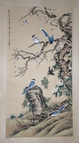 ZHANG DAQIAN, FLOWERS AND BIRDS SCROLL