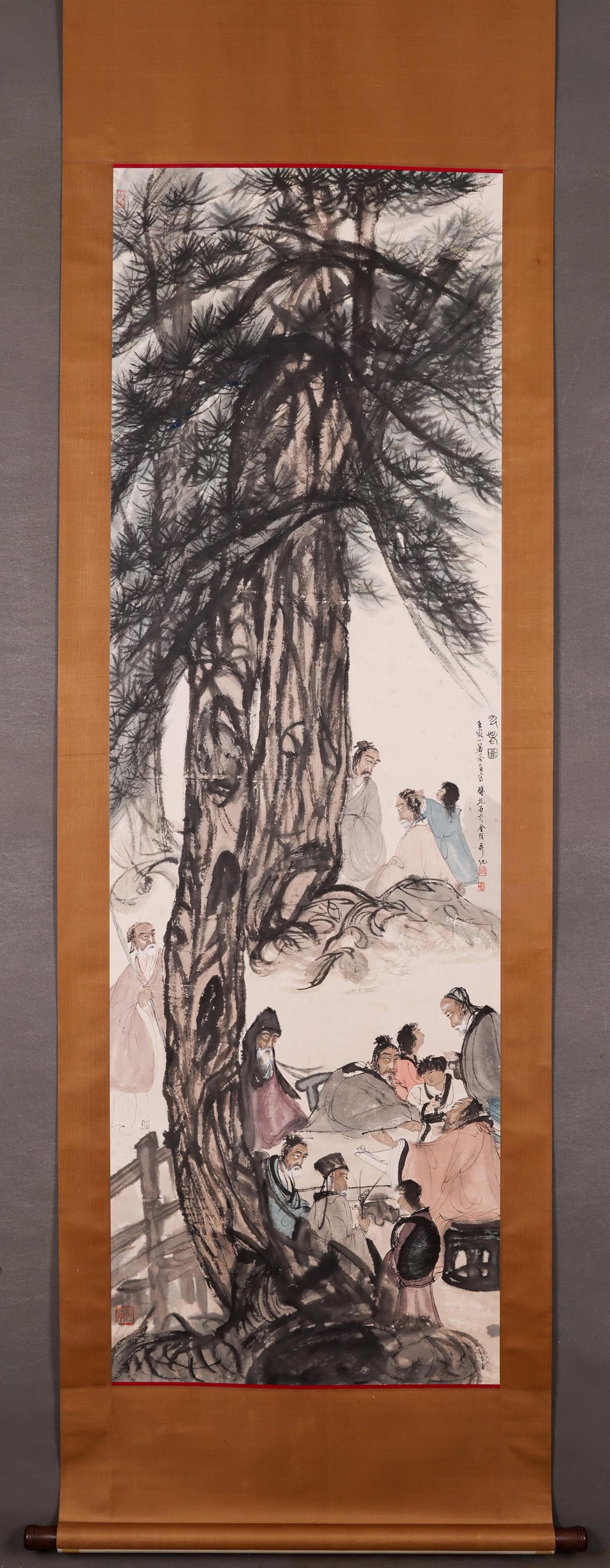 FU BAOSHI, NINE OLD MEN'S PICTURE, HANGING SCROLL, FINE MOUNTING, LARGE: 傅抱石 九老图 立轴 精装裱 大 Fu Baoshi, Nine Old Men's Picture, hanging scroll, fine mounting, large Painting core size 181x57cm