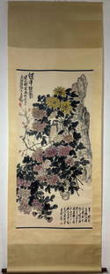 WU CHANGSHUO, FLOWERS SCROLL: 吴昌硕 花卉图立轴 Wu Changshuo, Flowers Scroll painting paper size 136.5*67cm