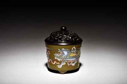 TEA DUST GLAZED JAR WITH CARVED WOODEN COVER
