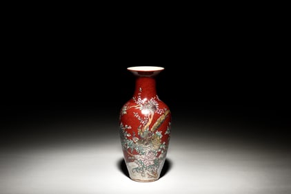 RED GROUND 'FLOWERS AND BIRDS' VASE