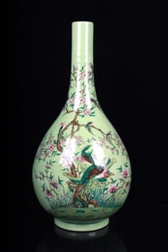 FAMILLE ROSE AND GREEN GROUND 'FLOWERS AND BIRDS' VASE
