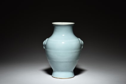 SKY-BLUE MONOCHROME GLAZED VASE WITH RAM HANDLES