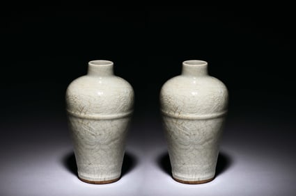 PAIR OF CELADON GLAZED AND IMPRESSED VASES, MEIPING