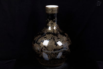 BLACK GROUND AND GILT 'LANDSCAPE SCENERY' VASE