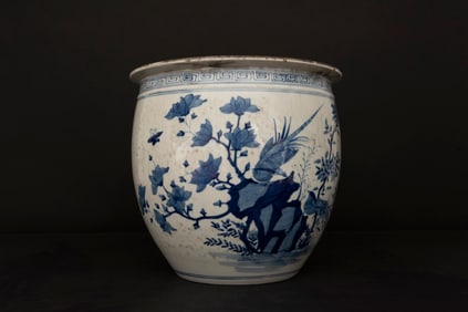 BLUE AND WHITE FLOWER AND BIRD PLANTER