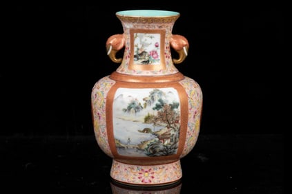 FAMILLE ROSE OPEN MEDALLION 'LANDSCAPE SCENERY' VASE WITH HANDLES