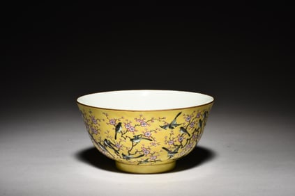 FAMILLE ROSE YELLOW GROUND 'FLOWERS AND BIRDS' BOWL