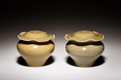 PAIR OF GLAZED JARDINIERES WITH COVERS