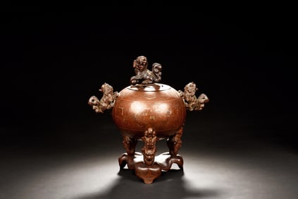 BRONZE CAST 'LIONS' TRIPOD CENSER WITH STAND