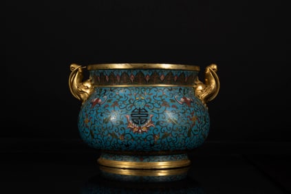 ?QIANLONG?MARK COPPER GILDED DOUBLE ELEPHANT EAR FILIGREE ENAMEL CENSER
