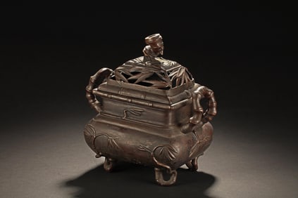BRONZE 'BAMBOO' CENSER WITH HANDLE AND LID