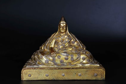 GILT BRONZE AND SILVER FILIGREE SEATED LAMA SEATED FIGURE