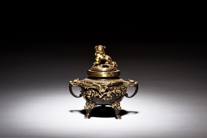 GILT BRONZE CAST AND CARVED 'MYTHICAL BEAST' CENSER WITH HANDLES AND LID