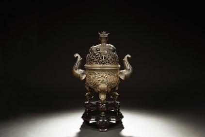 A MASSIVE BRONZE TRIPOD CENSER AND COVER