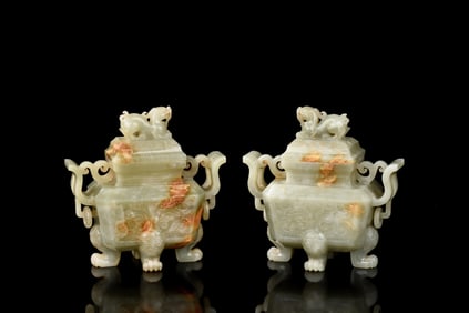 PAIR OF JADE CARVED 'MYTHICAL BEAST' CENSERS WITH LIDS