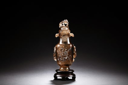 CARVED SMOKY CRYSTAL VASE WITH COVER