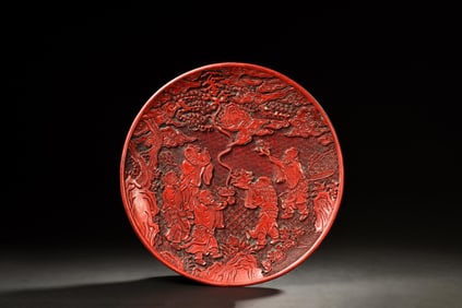 CINNABAR LACQUER CARVED 'FIVE ELDERS' DISH