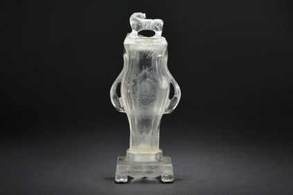 CARVED NATURAL CRYSTAL BOTTLE VASE W/ COVER & HANDLES