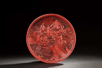 CINNABAR LACQUER CARVED 'GREAT WALL' DISH