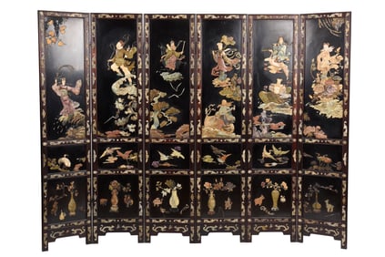 SET OF SIX LARGE APPLIQUE FLOOR SCREENS 'EIGHT IMMORTALS'