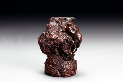 IRREGULAR CARVED WALNUT WOOD BRUSH POT W/ ORGANIC TONES