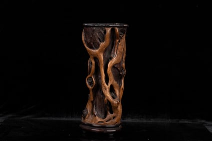 WOOD CARVED NATURALISTIC BRUSH POT