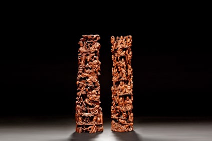 PAIR OF OPENWORK HUANGYANGMU WOOD CARVINGS