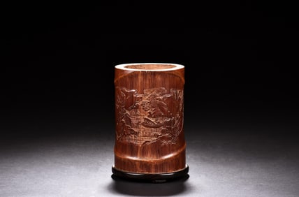 BAMBOO CARVED 'LANDSCAPE' BRUSH POT