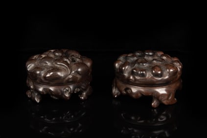 PAIR OF WOOD CARVED TRIPOD INCENSE BURNERS