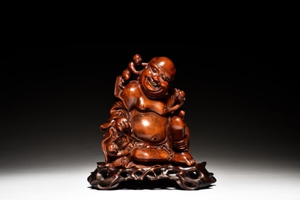 WOOD CARVED MAITREYA BUDDHA SEATED FIGURE
