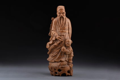 BAMBOO CARVED ?ELDER AND BOY' FIGURAL GROUP