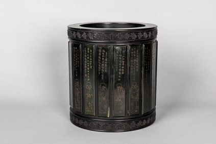 LARGE ZITAN WOOD BRUSH POT INLAID WITH JADE PANELS