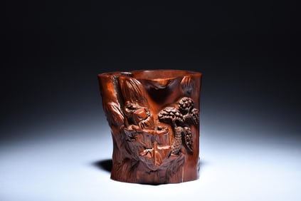 CARVED HUANGYANGMU WOOD BRUSH POT