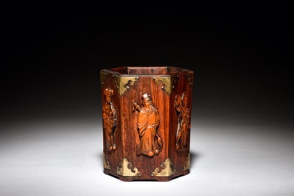 WOOD CARVED HEXAGONAL 'IMMORTALS' BRUSH POT