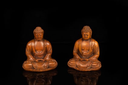 PAIR OF HUANGYANGMU WOOD CARVED SHAKYAMUNI SEATED FIGURES