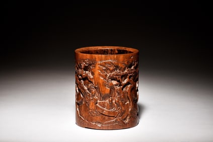 BAMBOO CARVED 'PEOPLE AND LANDSCAPE' BRUSH POT