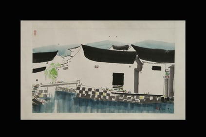 WU GUANZHONG: INK AND COLOR ON PAPER PAINTING 'LANDSCAPE SCENERY'