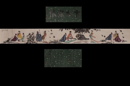 FU BAOSHI: INK AND COLOR ON PAPER HORIZONTAL HAND SCROLL 'PEOPLE'