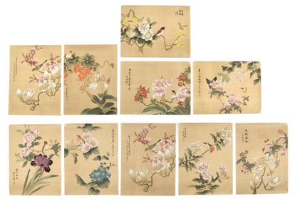 SHI ZHOU: TEN INK AND COLOR ON SILK PAINTINGS 'FLOWERS AND BIRDS'