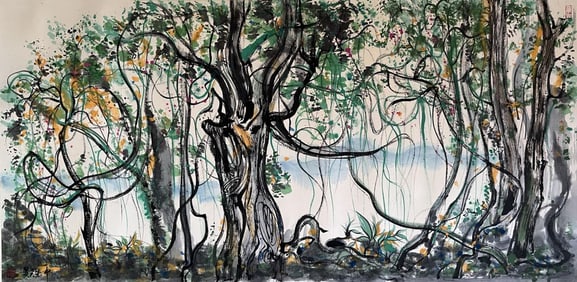 WU GUANZHONG: INK AND COLOR ON PAPER PAINTING 'FOREST SCENERY'