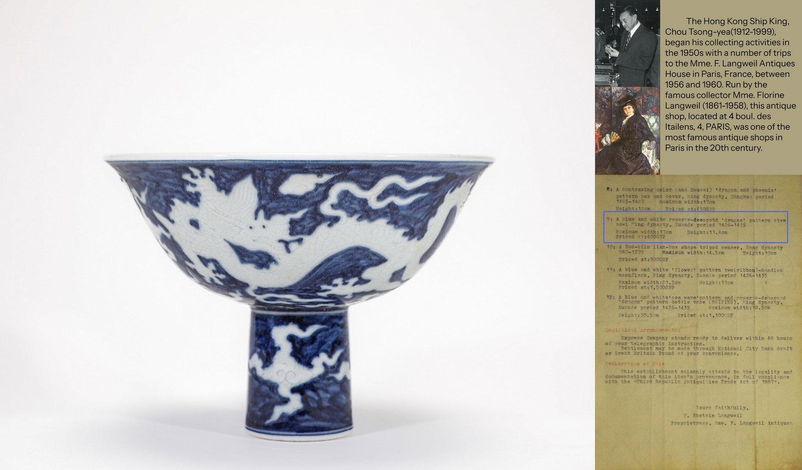 A BLUE AND WHITE DRAGON STEM BOWL: 明宣德青花留白龙纹高足碗 A blue and white dragon stem bowl Ht.12cm Diam.16cm