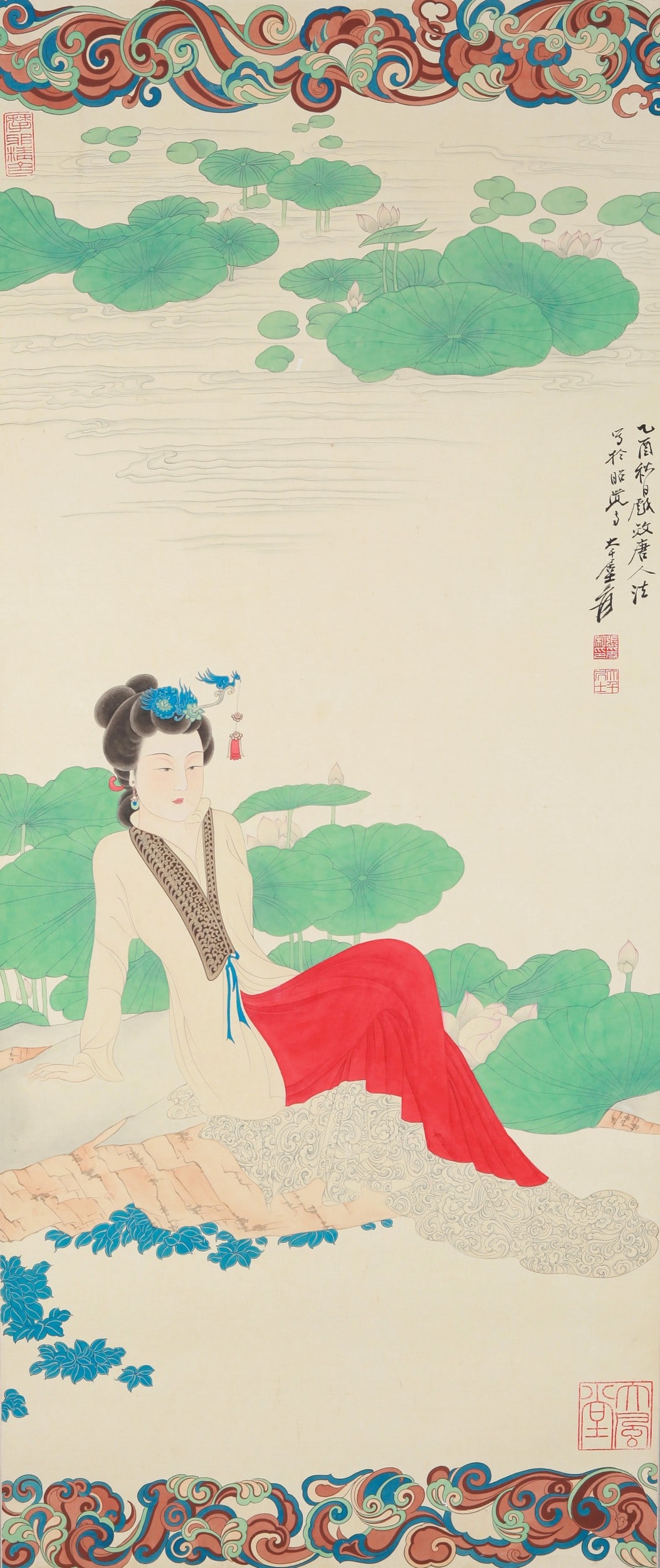 ZHANG DAQIAN ATTRIBUTED TO,LADY AND LOTUS: 张大千 荷花仕女 纸本立轴 Zhang Daqian attributed to,lady and lotus 125×52cm