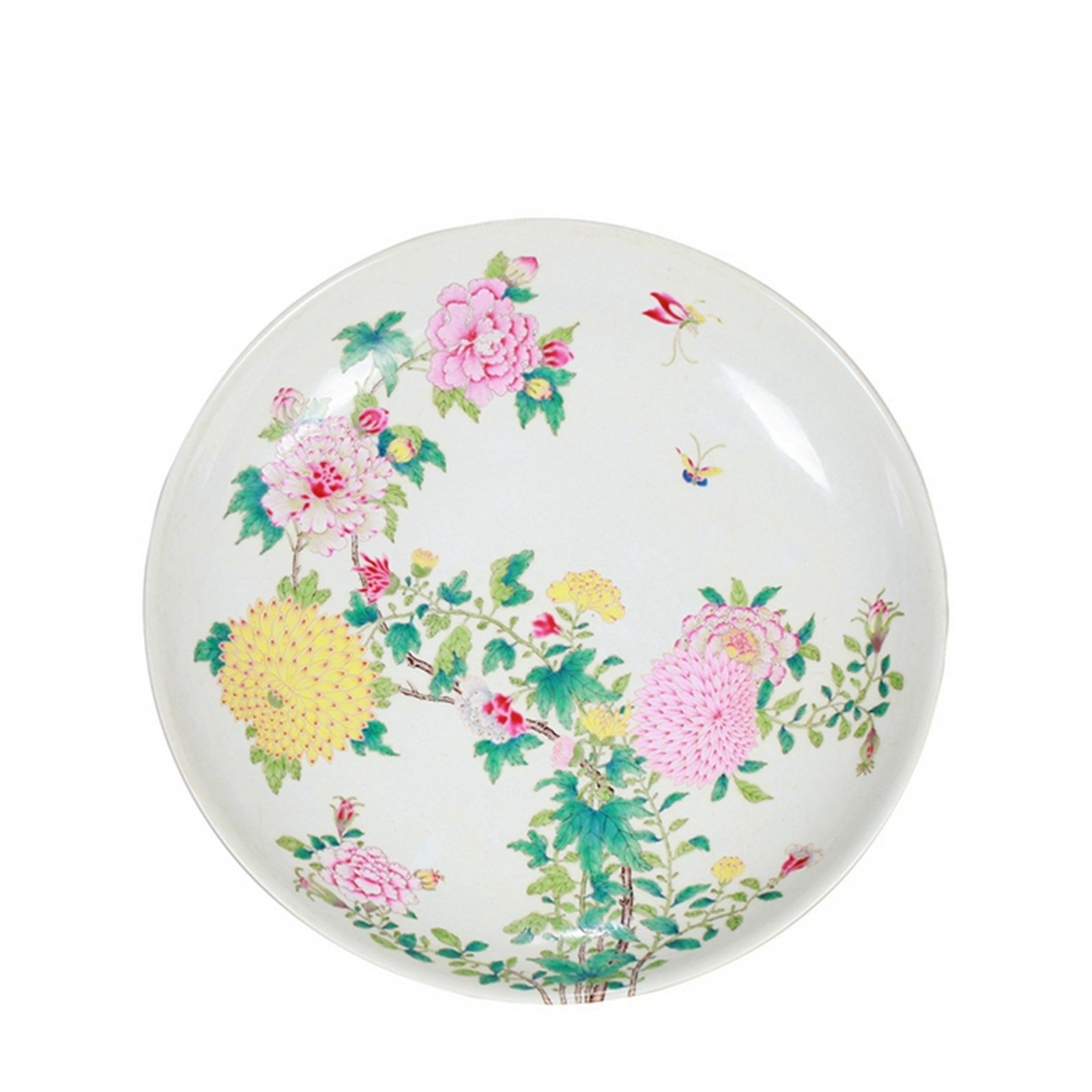FLOWER PATTERNED PORCELAIN PLATE: 清 粉彩過枝花蝶大盤 Flower patterned porcelain plate Diam.35.5CM