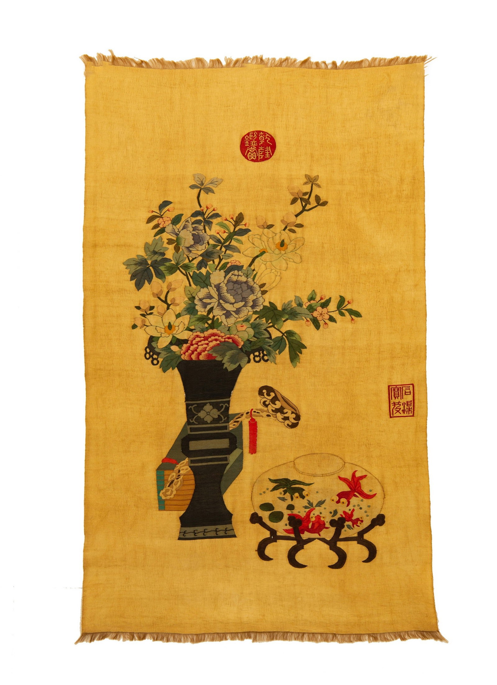 A SILK CLEAR SUPPLY PAINTING: 缂丝清供图 A silk Clear supply painting 106x63cm