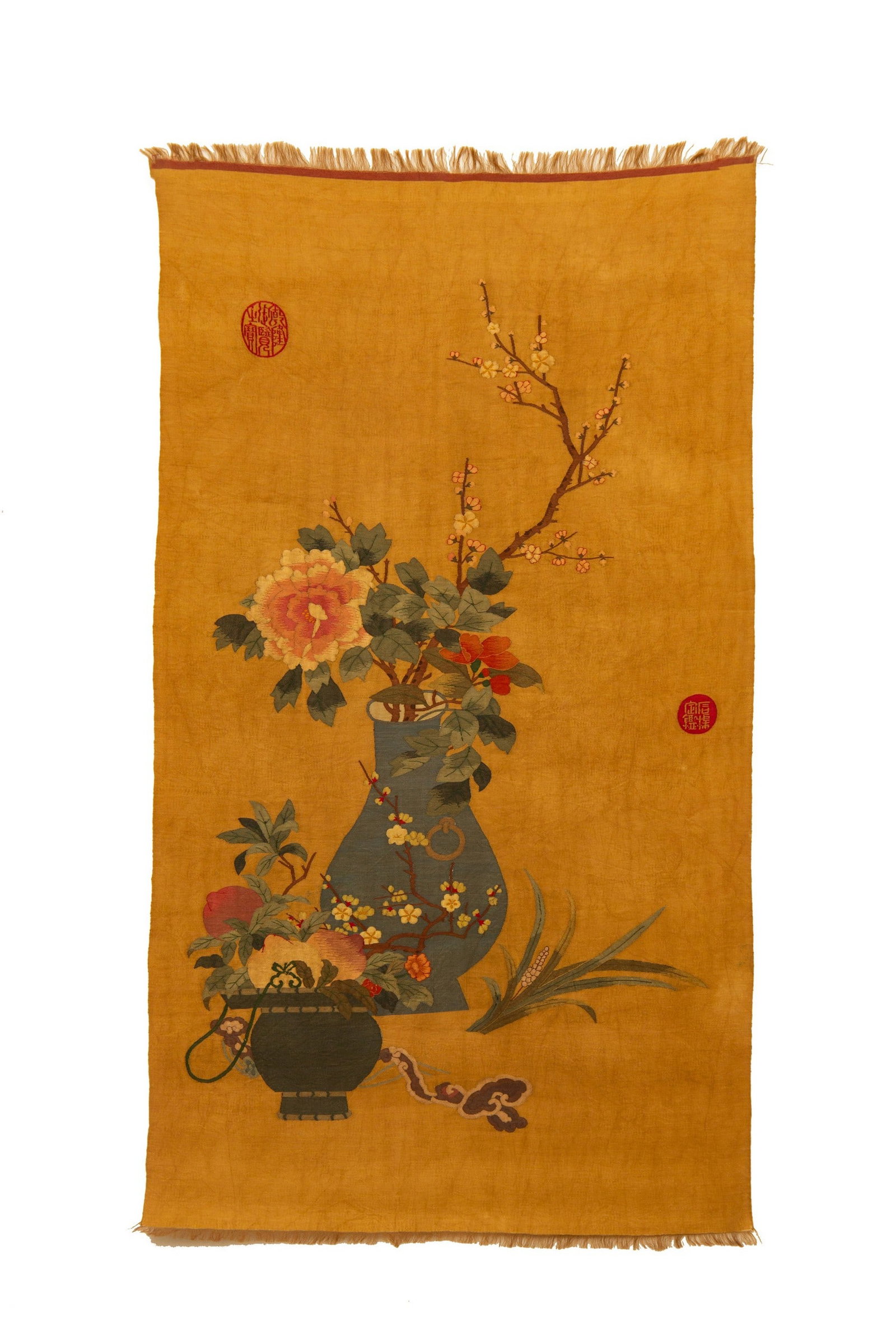 A SILK CLEAR SUPPLY PAINTING: 缂丝清供图 A silk Clear supply painting 116x64cm