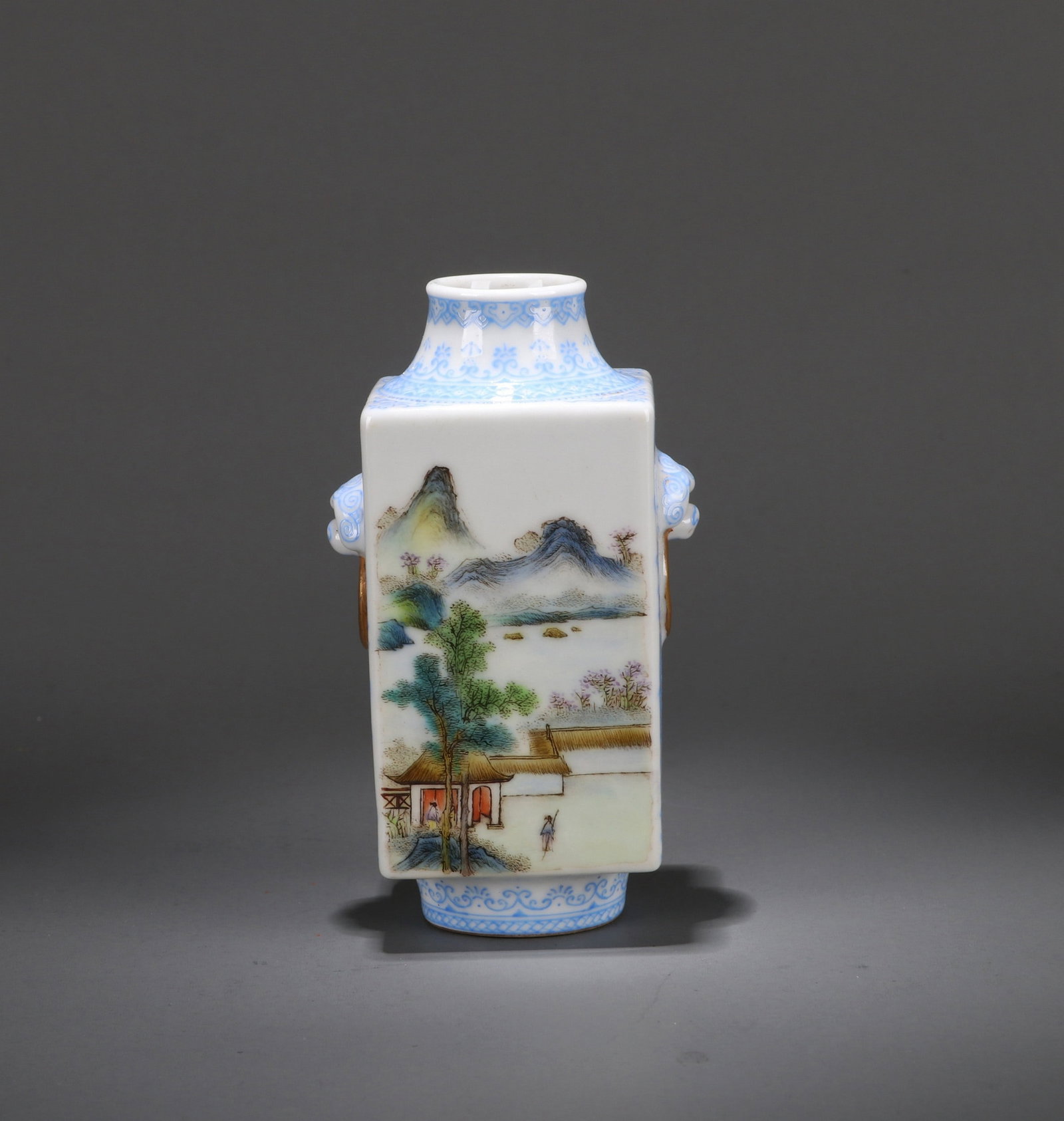 A YANGCAI LANDSCAPE ZUN: 民国 洋彩山水铺首小尊 A yangcai landscape zun Ht.11.5cm