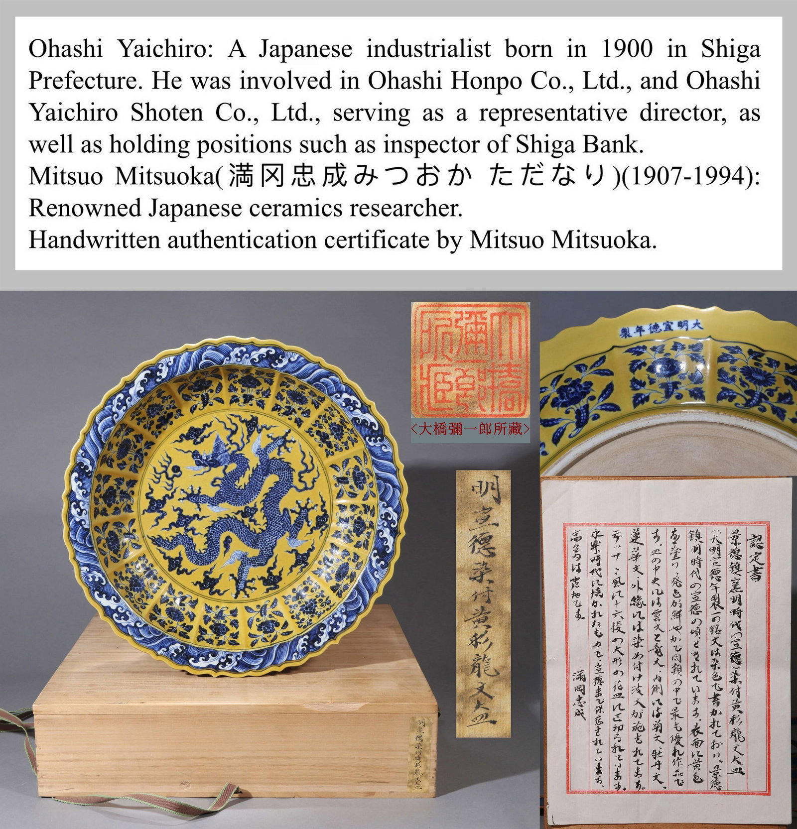 A LARGE YELLOW GROUND BLUE AND WHITE DRAGON FLORAL DISH: 宣德 黄地青花云龙纹花口大盘 A large yellow ground blue and white dragon floral dish